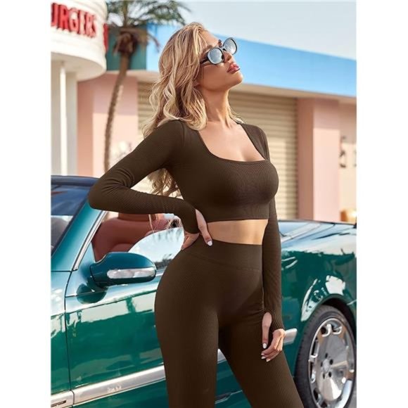 Women's 2 Piece Crop Top Ribbed Seamless Workout Exercise Long Sleeve Crop Tops - Picture 6 of 6